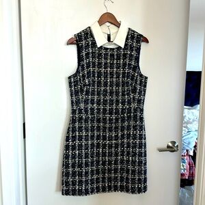 Eliza J Boucl Dress sleeveless shirt collar herringbone tweed shift sequence